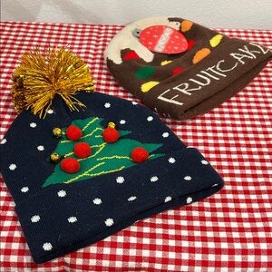 Set of 2 Festive Knit Christmas Beanies with Holiday Designs, New